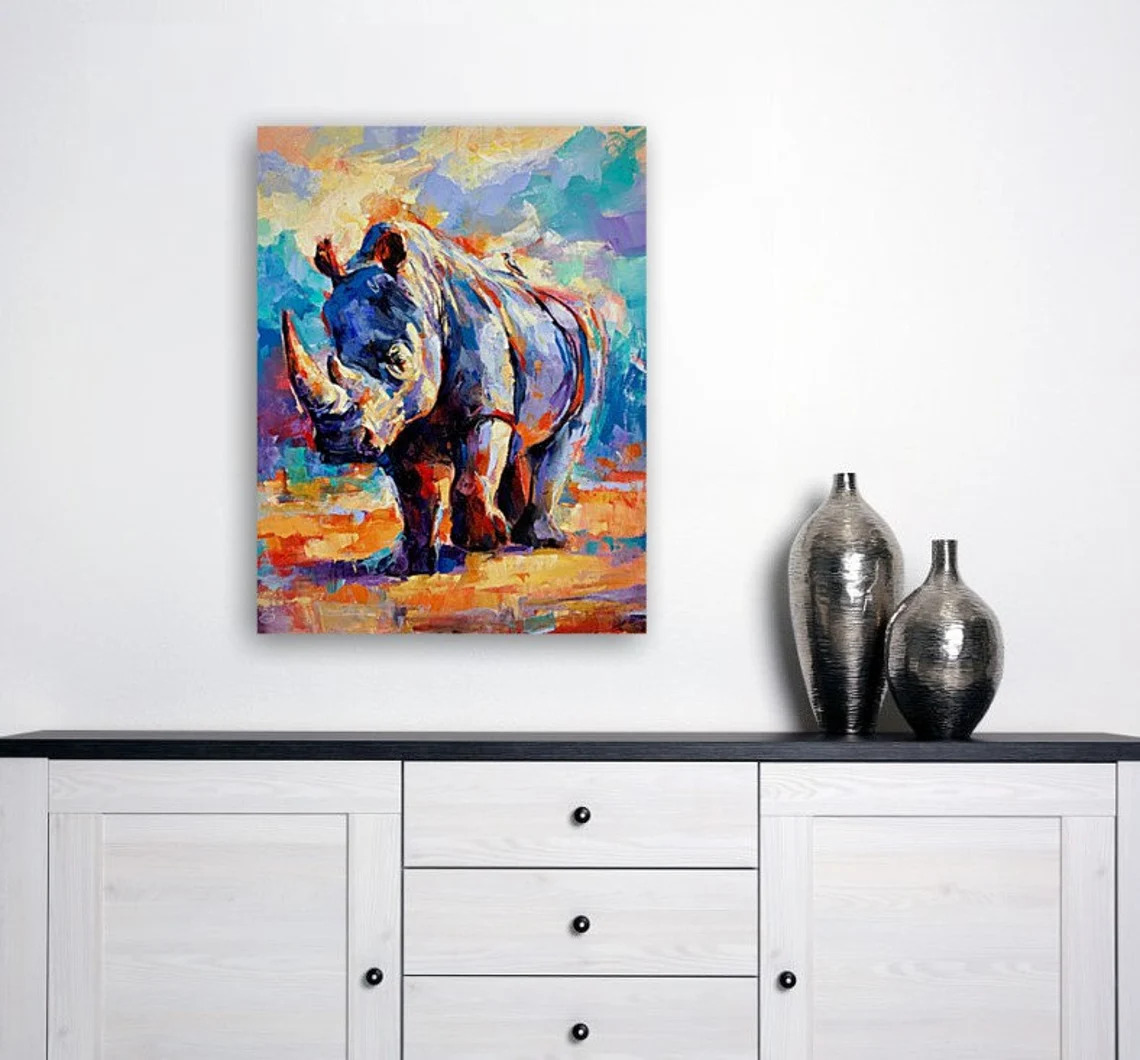 "Best Friends" - Rhinoceros - Wildlife Artwork Sample on Wall