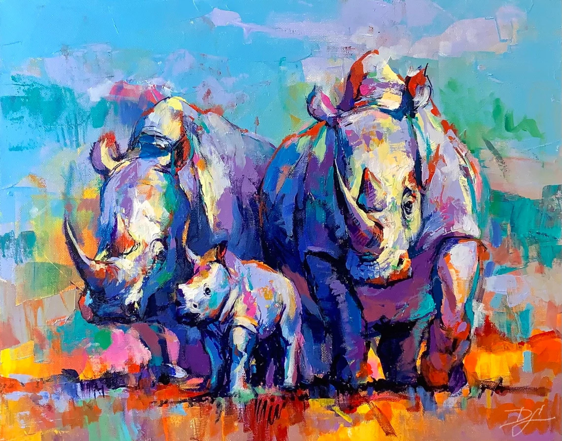 "Rhino Family" - Rhinoceros - Wildlife Artwork