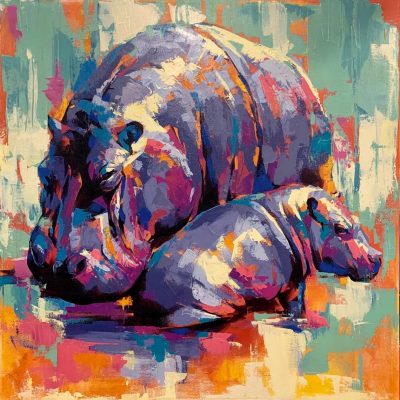 "Mothering" - Hippo - Wildlife Artwork