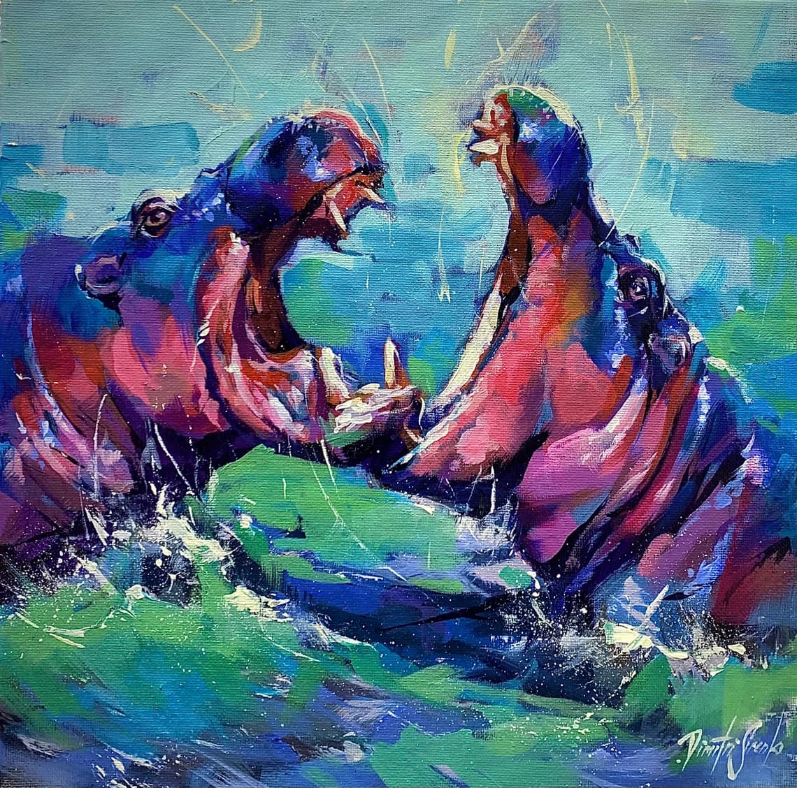 "The Quarrel" - Hippo - Wildlife Artwork