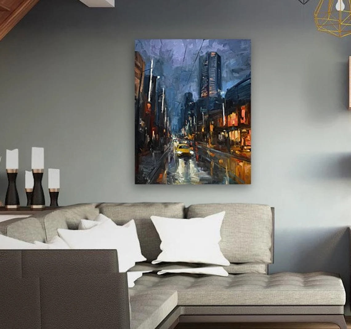 "Welcome Back" - Cityscapes Artwork Sample on Wall