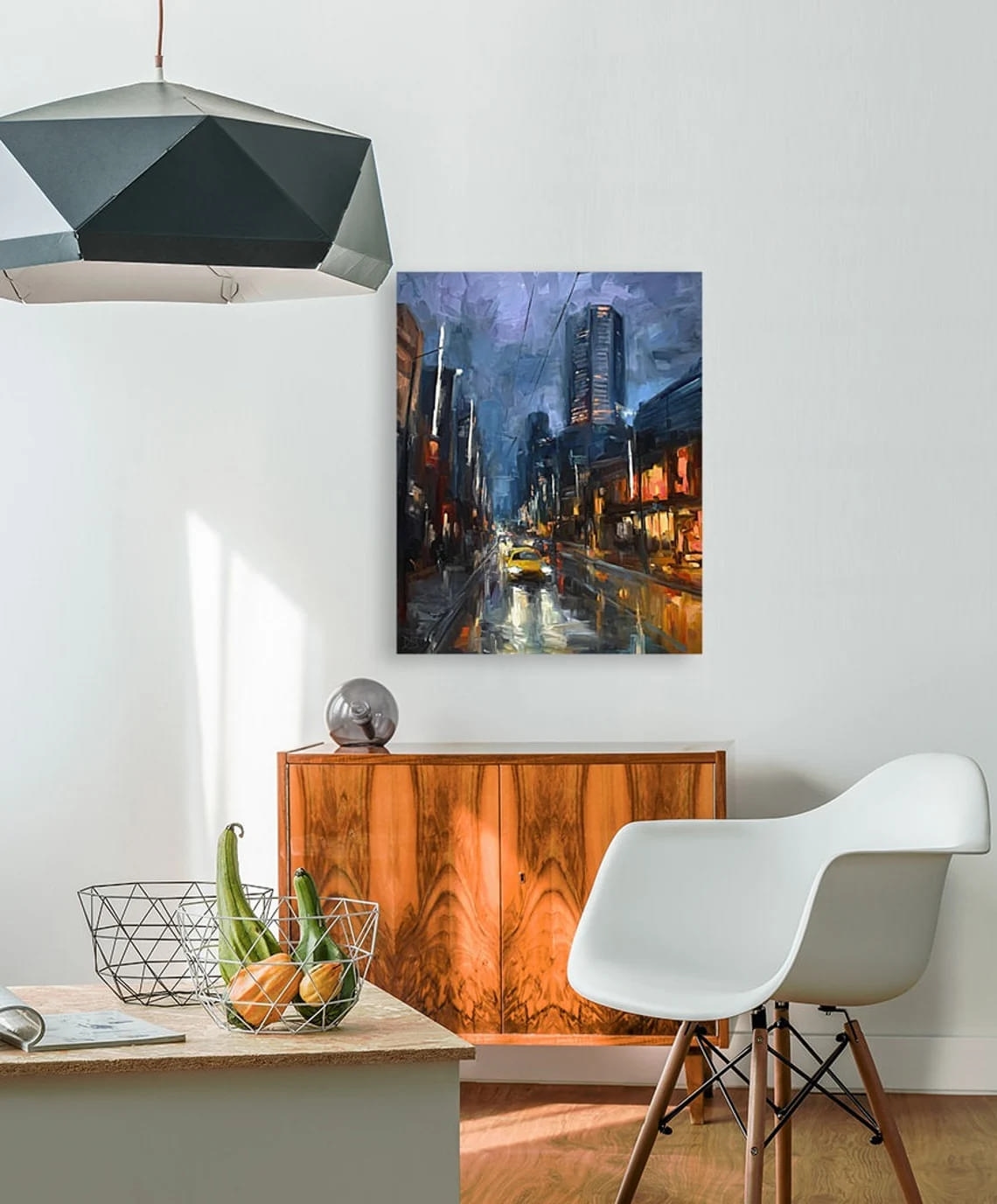 "Welcome Back" - Cityscapes - Original Painting Sample on Wall
